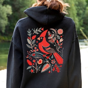 Cardinal Sweatshirt, Gift For Bird Lover, Northern Cardinal Bird Hoodie, Redbird Shirt, Flower Bird Tee, Redbird Sweater Women, Back Print