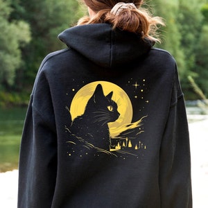 Cat & Moon Hoodie, Cat Lover Sweatshirt, Cat Mom Shirt, Black Cat Graphic Sweater, Gift For Cat Owners, Spooky Cat Pullover, Cat Lady Jumper