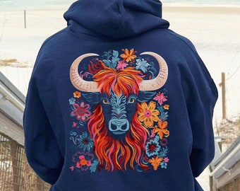Highland Cow Hoodie, Floral Cow Sweatshirt, Scottish Highland Cow Gifts for Women, Farm Animal Shirt, Western Crewneck Pullover, Farmer Gift