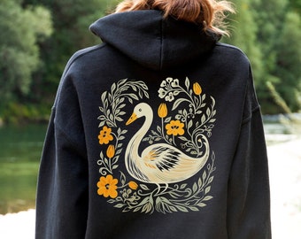 Swan Lover Sweater, Back Print Hoodie, Floral Swan T Shirt, White Swan Bird Sweatshirt for Women, Bird Lover Gift for Her, Flowers Swan Tee