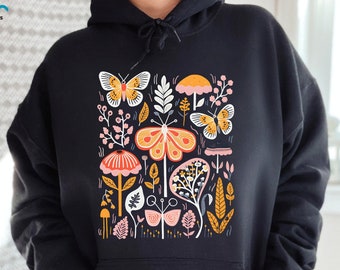 Cottagecore Hoodie, Butterfly Mushroom Sweatshirt, Boho Gardening Shirt, Nature Lover Gift, Botanical Aesthetic Sweater, Wildflowers Tee