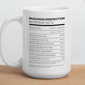 Op de afbeelding: Een witte keramische mok met zwarte tekst die een voedingswaardelabel nabootst met de titel Building Inspector Nutrition Facts. De tekst somt verschillende professionele vaardigheden en percentages op, waaronder 1100% voor het opsporen van defecten.