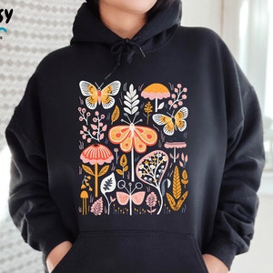 Cottagecore Hoodie, Butterfly Mushroom Sweatshirt, Boho Gardening Shirt, Nature Lover Gift, Botanical Aesthetic Sweater, Wildflowers Tee
