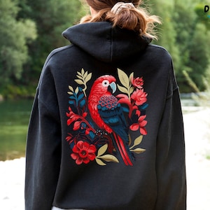 Scarlet Macaw Back Print Hoodie, Wildlife Lover Shirt Gift, Floral Gift For Her, Bird Lover Wife Sweatshirt, Gift For Mum, Bird Lover Tee