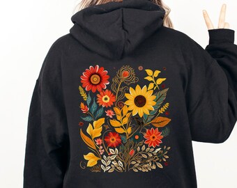 Sunflowers Hoodie, Floral Sweatshirt, Wildflowers Sweater, Gardener Gift, Sunflowers Shirt, Cottagecore Pullover, Back Printed Flower Jumper