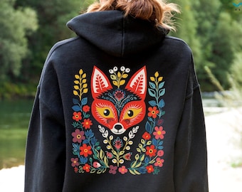 Fox Sweatshirt, Forest Animal Shirt, Floral Fox Hoodie Women, Fox Lover Gift, Forestcore Sweater, Cottagecore Clothing, Mystical Fox Shirt
