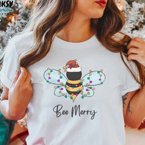 Bee Merry Shirt, Christmas Bee Gifts, Beekeeper T Shirt, Bee With Santa Hat Hoodie, Cute Honey Bee Tshirt for Women, Xmas Beekeeping Gift