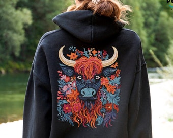 Highland Cow Hoodie, Gift For Cow Lover, Scottish Cow Sweatshirt, Cowgirl Sweater, Farm Animal Shirt, Cute Floral Cow Themed Gift for Women