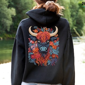 Highland Cow Hoodie, Gift For Cow Lover, Scottish Cow Sweatshirt, Cowgirl Sweater, Farm Animal Shirt, Cute Floral Cow Themed Gift for Women