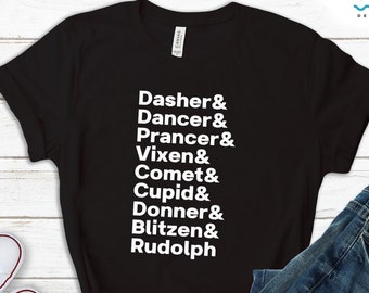 Reindeer Names Tshirt, Christmas Sweatshirt, Xmas Hoodie, Rudolph Shirt, Funny Christmas Reindeer Gift for Men Women Matching Family Tee