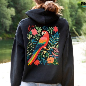 Parrot Sweatshirt, Scarlet Macaw Hoodie, Gift for Bird Lover, Red Macaw Parrot Owner Shirt, Floral Jumper for Women, Birdwatching Pullover