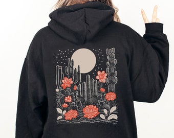 Cactus Moon Hoodie, Floral Cactus Shirt, Flower Cactus Sweatshirt, Boho Desert Vibes Camping Gift For Her, Desert Moon Aesthetic Sweater