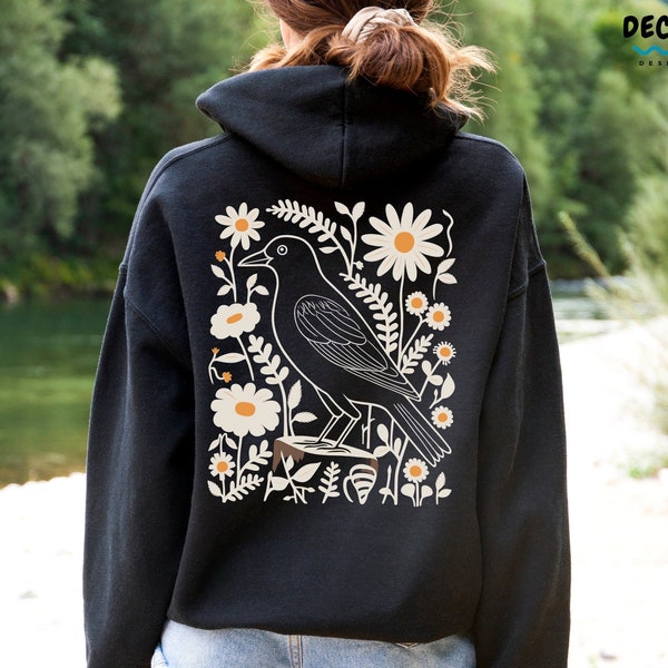 Crow Hoodie Back Print, Daisies Sweatshirt, Gift For Bird Lover, Crowcore Clothing, Gothic Raven Shirt, Daisy Tshirt Women, Graphic Sweater