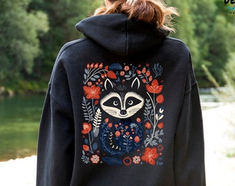 Raccoon Sweatshirt, Raccoon Lover Gift, Woodland Animal Top, Cottagecore Raccoon, Anxiety Sweater, Boho Pressed Flowers Raccoon Hoodie