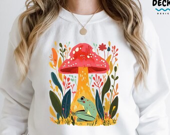 Mushroom Frog Sweatshirt, Gift For Frog Lover, Cottagecore Aesthetic Clothing, Frog Toad Shirt, Botanical Pullover Sweater, Nature Jumper