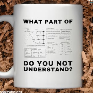 Puede incluir: Taza de cerámica blanca con el texto negro "WHAT PART OF DO YOU NOT UNDERSTAND?". La taza presenta un diagrama de símbolos fonéticos. La taza tiene un asa en el lado izquierdo y está sobre un fondo marrón.