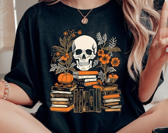 Reading Halloween Sweatshirt, Gift for Book Lover, Fall Librarian Shirt, Bookish Hoodie Teacher Sweater, Light Academia Skull Books Goth Tee