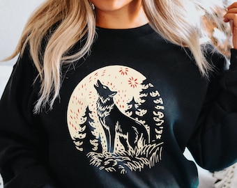 Moon Wolf Sweatshirt, Wolf Graphic Shirt, Howling Wolf Hoodie, Wolf Lover Gift for Men & Women, Lone Wolf Pullover Jumper, Wolf Moon Sweater
