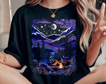 Outdoor Shirt Women, Mountain Camping, Night Sky Light, Adventure Sweatshirt, Campfire Hoodie, Family Camping Shirt, Nature Lover Camper Dad