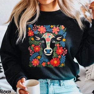 Cow With Flowers Sweatshirt, Gift For Cow Lover, Cute Floral Cow Hoodie, Farm Life Shirt, Cattle Sweater, Farmer Gift, Cowgirl Gift for Her