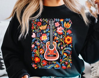 Music Sweatshirt, Flower Guitar Shirt, Acoustic Guitar Player Hoodie, Country Music Lover Boho Gift For Her, Musician Wildflowers Sweater