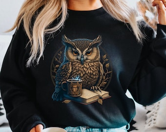 Night Owl Sweatshirt, Book Reader Gift, Coffee Lover T Shirt, Tea Shirt Hoodie For Student, Owl Lover Gift, Witchcore Clothing, Reading Tank