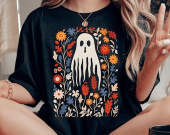Cute Ghost Floral Halloween Shirt, Trendy Fall Apparel