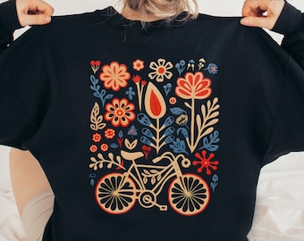 Flower Bicycle Hoodie, Cycling Sweatshirt, Cyclist Gift, Biking Apparel, Back Print, Unique Style Bike Lover Sweater, Trendy Floral Design