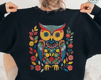 Owl Sweatshirt, Gift For Owl Lover, Back Print Hoodie, Cute Owl Tshirt, Floral Gifts For Her, Cottagecore Sweater Women, Boho Owl Tee Shirt