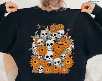 Floral Skull Hoodie, Halloween Sweatshirt, Flower Skull Shirt, Skeleton Sweater, Halloween Crewneck, Daisy Women Tee, Graphic Skull Daisies
