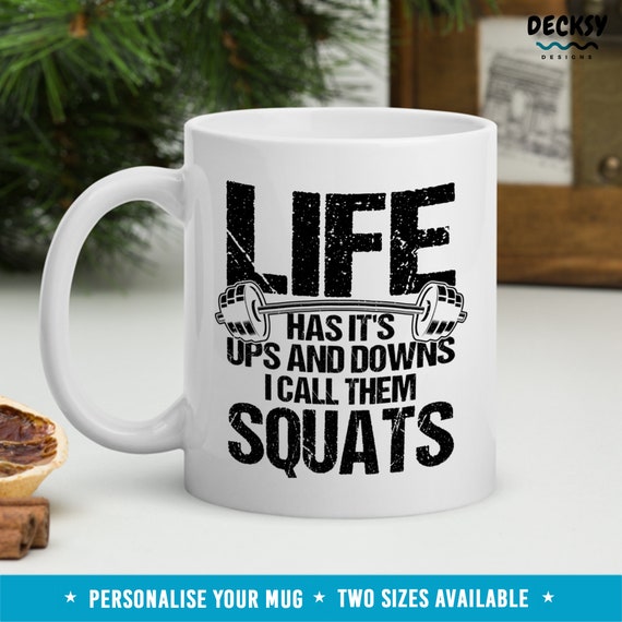 Fitness Mug, Funny Weightlifter Gift, Custom Squat Mug, Personalised Gift For Coach, Trainer, Workout Motivation Coffee Cup, Gym Lover Gift