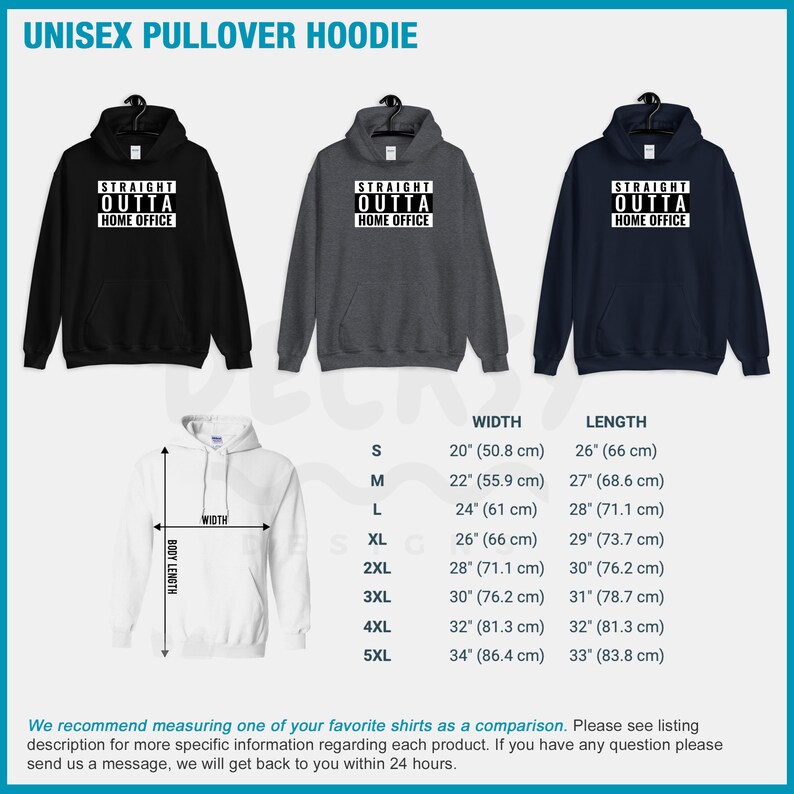 May include: A unisex pullover hoodie with the text "Straight Outta Home Office" printed in white on the front. The hoodie is available in black, grey, and navy blue. A size chart is included with measurements in inches and centimetres.