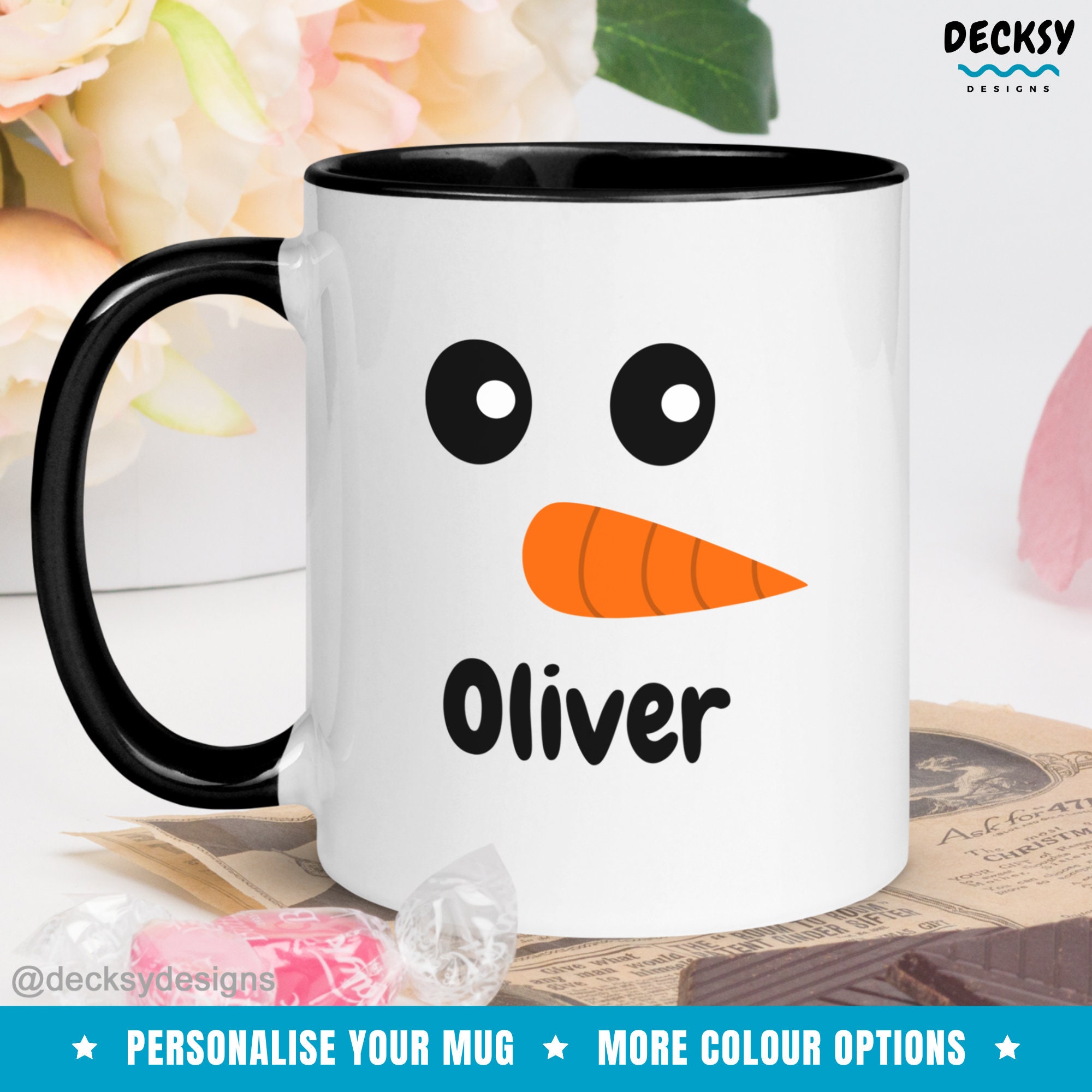 Custom Snowman Face Mug, Personalised Mug with Name, Secret Santa Gift, Cute Christmas Eve Gift for Boys, Funny Xmas Holiday Mugs for Kids
