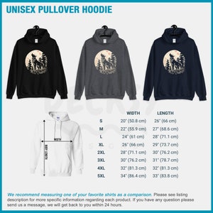 May include: A unisex pullover hoodie with a wolf howling at the moon graphic. The hoodie is available in black, heather grey, and navy blue. The size chart shows the width and length of the hoodie in inches and centimeters.