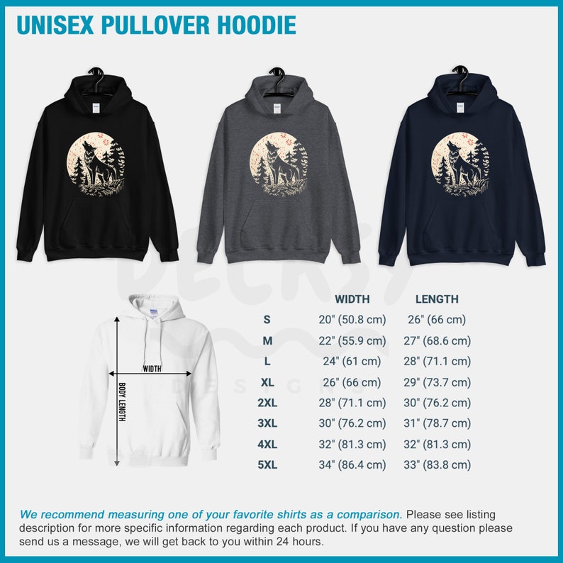 May include: A unisex pullover hoodie with a wolf howling at the moon graphic. The hoodie is available in black, heather grey, and navy blue. The size chart shows the width and length of the hoodie in inches and centimeters.