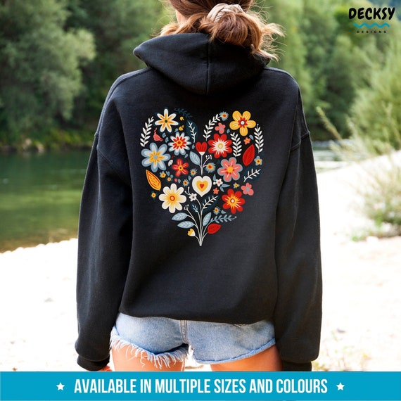 Floral Heart Hoodie, Flower Sweatshirt, Daisy Love Sweater, Back Print Hoodie, Wildflower Gift for Her, Flower Shirt Women, Gift for Mom