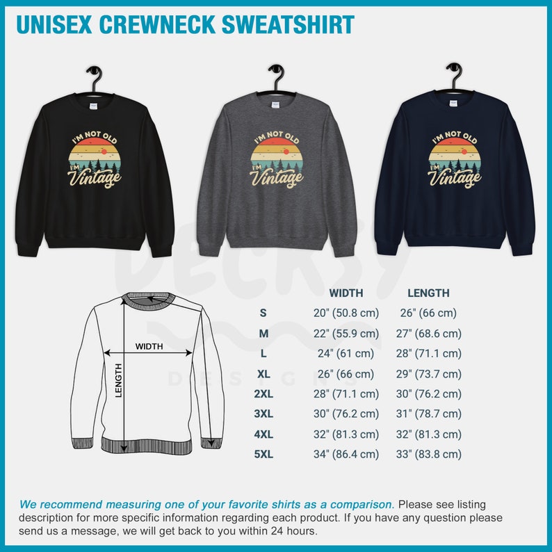 May include: A unisex crewneck sweatshirt in black, gray, and blue with a vintage-style graphic that says "I'm not old, I'm vintage". The sweatshirt is available in sizes S-5XL. The size chart shows the width and length of the sweatshirt in inches and centimeters.
