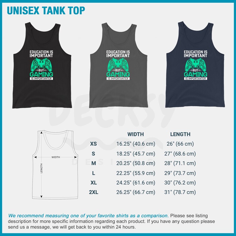 K&ouml;nnte beinhalten: Ein schwarzes, graues und marineblaues Unisex-Tanktop mit einer Grafik eines Videospiel-Controllers und dem Text "Education is important but gaming is importanter". Das Tanktop ist in den Gr&ouml;&szlig;en XS bis 2XL erh&auml;ltlich. Die Gr&ouml;&szlig;entabelle zeigt die Breite und L&auml;nge des Tanktops in Zoll und Zentimetern.