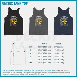 May include: A unisex tank top with a graphic of a parrot and the text "I just want to play with my parrot and ignore all of my adult problems". The tank top is available in black, gray, and navy blue. The size chart shows the width and length of the tank top in inches and centimeters.