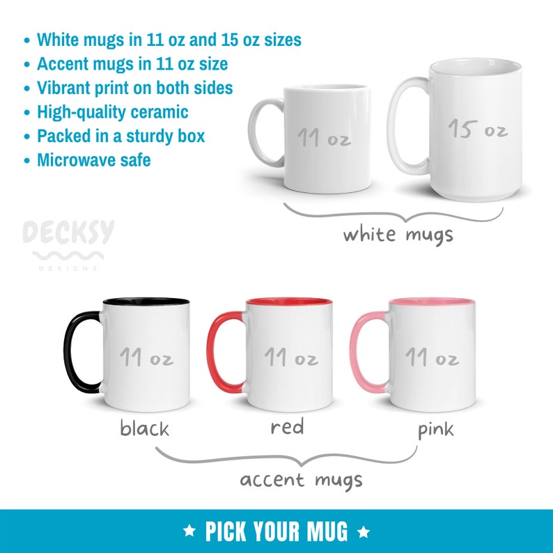 May include: White and accent mugs in 11 and 15 ounce sizes. The white mugs are plain, while the accent mugs have black, red, and pink rims. All mugs have "11 oz" written on them.