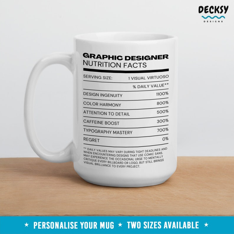 May include: White ceramic mug with a black graphic that reads "Graphic Designer Nutrition Facts" with a list of design skills and their percentage daily value. The mug has a black handle and the text "Personalize Your Mug Two Sizes Available" is printed on the bottom.
