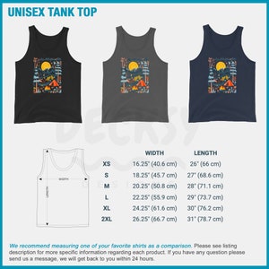May include: Unisex tank top with a camping scene graphic. The graphic features a campfire, a tent, trees, and a full moon. The tank top is available in black, gray, and navy blue. The size chart shows the width and length of the tank top in inches and centimeters.
