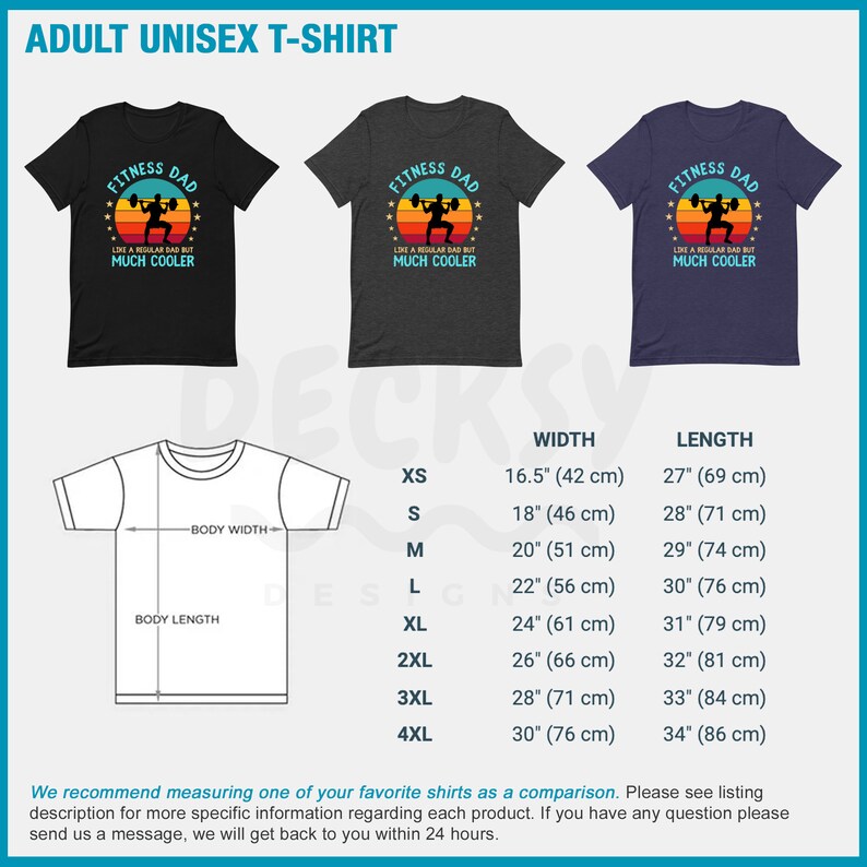 Puede incluir: Una camiseta unisex negra, gris jaspeado y azul marino con un gr&aacute;fico retro de una persona levantando pesas. El gr&aacute;fico incluye el texto "Fitness Dad" y "Like a regular dad but much cooler". La camiseta est&aacute; disponible en tallas XS a 4XL. La tabla de tallas muestra el ancho y la longitud de la camiseta en pulgadas y cent&iacute;metros.