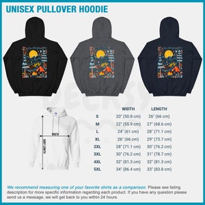 May include: A unisex pullover hoodie with a camping scene on the back. The scene features a campfire, a tent, and a full moon. The hoodie is available in black, gray, and navy blue. The size chart shows the width and length of the hoodie in inches and centimeters.