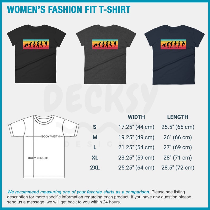 May include: Three women's fashion fit t-shirts in black, charcoal, and navy blue. Each shirt features a rectangular graphic with an evolution of a skateboarder design in orange, yellow, and red. Measurements are provided for width and length.