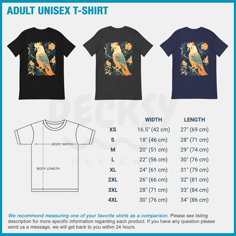 May include: A unisex t-shirt featuring a colourful illustration of a cockatoo bird with flowers. The shirt is available in black, heather grey, and navy blue. The size chart shows the width and length of the shirt in inches and centimetres.