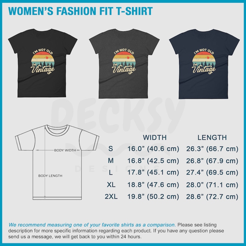 May include: Three t-shirts in different colors, black, gray, and blue, with a vintage-style graphic that says "I'm not old, I'm vintage". A size chart shows the width and length measurements in inches and centimeters for sizes S, M, L, XL, and 2XL.