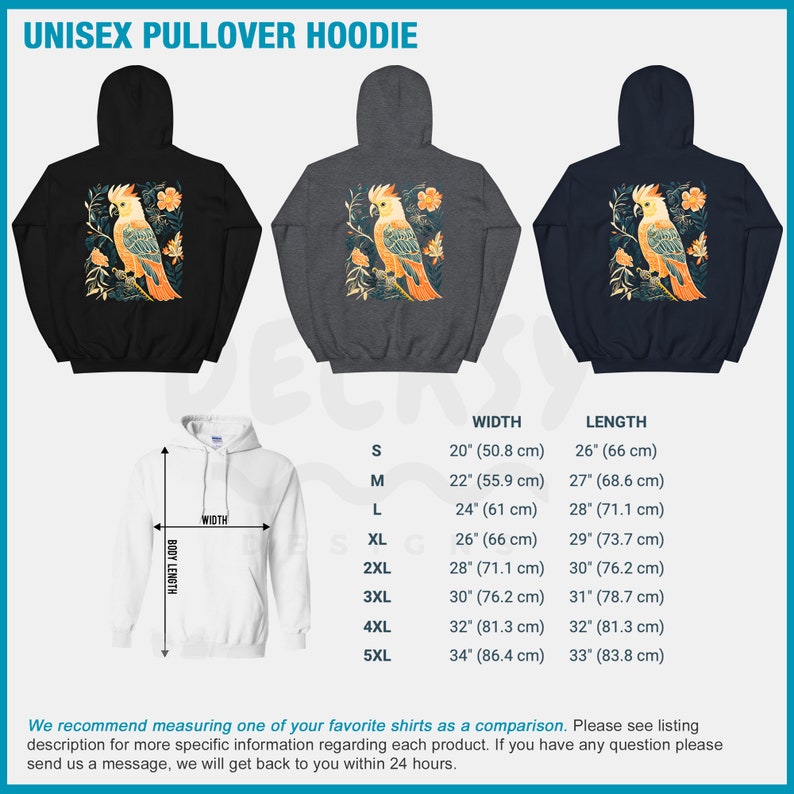 May include: Unisex pullover hoodie with a parrot graphic on the back. The hoodie is available in black, grey, and navy blue. The size chart shows the width and length of the hoodie in inches and centimetres.