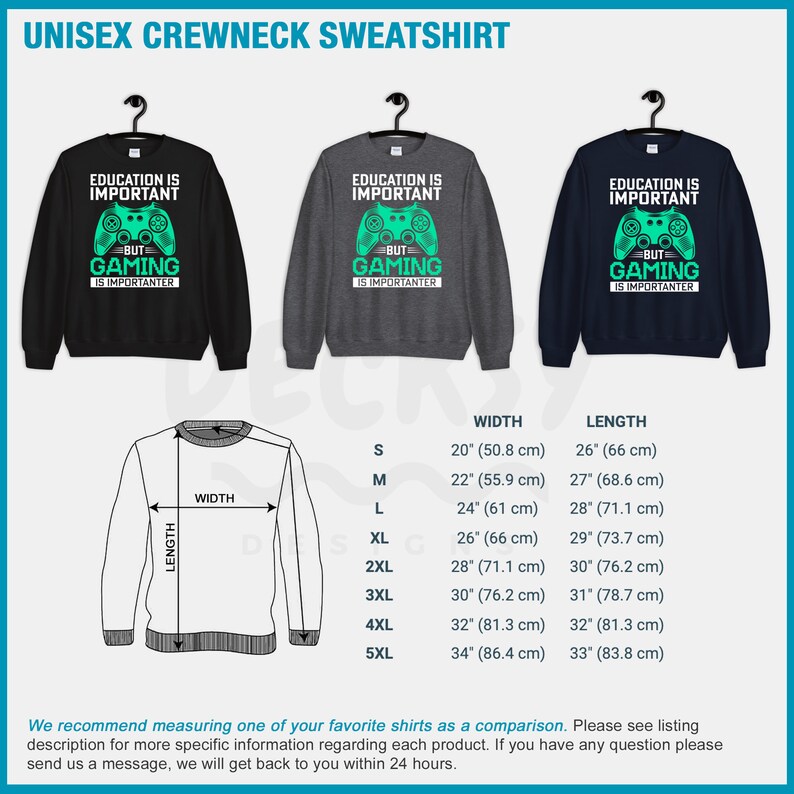 K&ouml;nnte beinhalten: Schwarze, graue und marineblaue Unisex-Sweatshirts mit Rundhalsausschnitt mit einem gr&uuml;nen Videospiel-Controller-Motiv und dem Text "Bildung ist wichtig, aber Gaming ist wichtiger". Gr&ouml;&szlig;entabelle mit Breite und L&auml;nge in Zoll und Zentimetern.