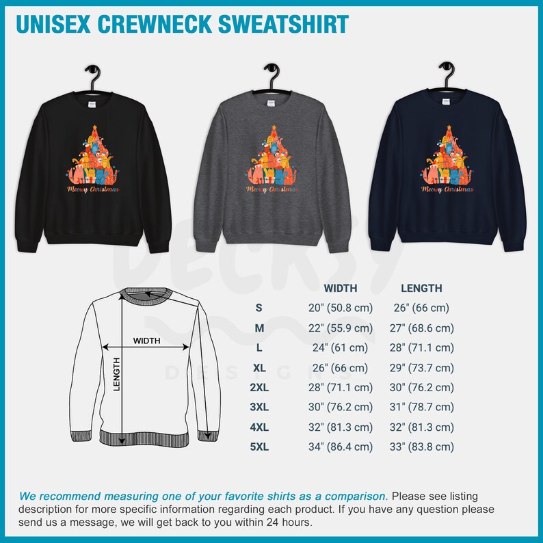 May include: A unisex crewneck sweatshirt with a Christmas tree design featuring cats. The sweatshirt is available in black, gray, and navy blue. The text "Merry Christmas" is printed on the front of the sweatshirt. The size chart shows the width and length of the sweatshirt in inches and centimeters.